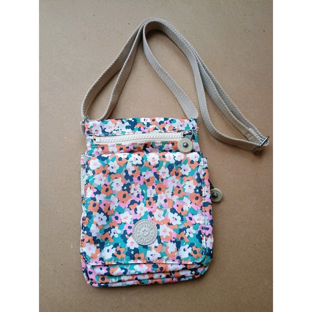 Kipling Floral Nylon Small Crossbody Bag Purse White Pink Teal